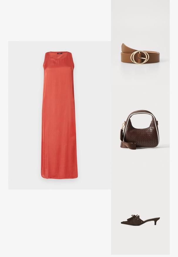 Robe longue sans manches de couleur corail unie. Fabriquée dans un tissu doux avec une coupe décontractée et un col rond. Pas de motifs ou d'accents notables.; Mule en daim marron avec bout pointu, petit talon kitten, lacets noués en nœud et détails à pompons sur fond blanc.; Sac à main en cuir tressé marron avec passepoil blanc, fermeture éclair dorée et bandoulière amovible en tissu marron.; Ceinture en cuir marron avec une boucle à double cercle doré, dotée d'une texture lisse et d'une longueur réglable. Design simple avec des coutures soignées.