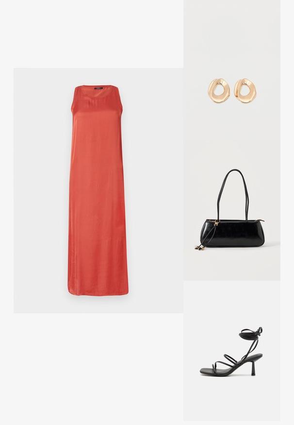 Robe longue sans manches de couleur corail unie. Fabriquée dans un tissu doux avec une coupe décontractée et un col rond. Pas de motifs ou d'accents notables.; Sandale noire à lanières avec un bout carré, des liens de cheville réglables et un talon carré fin. Fabriquée en un matériau lisse et durable.; Sac à main rectangulaire noir avec deux longues bandoulières, détail anneau doré et fermeture éclair sur un fond clair uni.; Paired boucles d'oreilles en métal doré poli de forme irrégulière avec un centre ouvert sur un fond blanc uni.