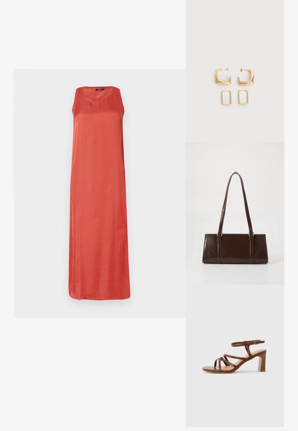 Robe longue sans manches de couleur corail unie. Fabriquée dans un tissu doux avec une coupe décontractée et un col rond. Pas de motifs ou d'accents notables.; Sandale en cuir marron à lanières avec un talon bloc et une boucle de cheville réglable sur un fond clair uni.; Sac à main en cuir verni marron de forme rectangulaire, avec deux longues poignées et des accents courbés subtils à l'avant.; Deux paires de Boucles d'oreilles créoles géométriques dorées sur une surface blanche unie, une paire carrée et pleine, une paire rectangulaire et creuse.