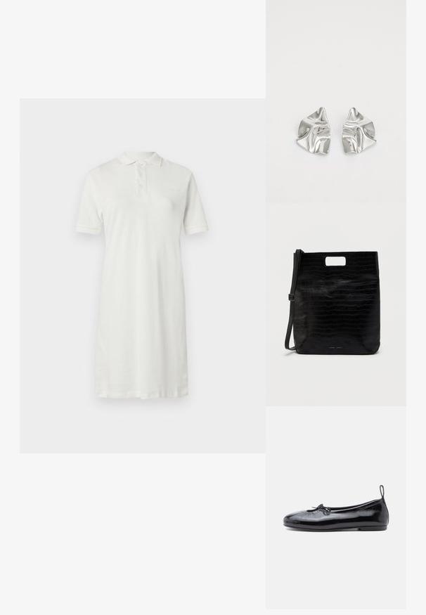 Robe polo blanche en coton, avec un col à revers, des manches courtes, une coupe droite et trois boutons à l'avant.; Ballerine en cuir verni noir avec un bout rond, un petit nœud décoratif et une texture lisse ; présente une semelle plate basse et une languette au talon.; Sac fourre-tout en simili cuir noir avec texture crocodile, forme rectangulaire, découpes pour les poignées sur le dessus et bandoulière amovible. Logo de la marque affiché.; Boucles d'oreilles en métal argenté avec un design ondulé et sculptural, présentant une finition polie et des formes irrégulières, mettant en valeur une esthétique contemporaine.