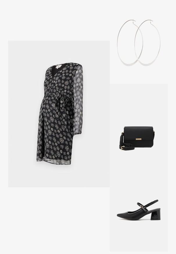 Vestido de maternidad en tela negra con estampado de margaritas blancas y moradas. Cuenta con un escote en v, mangas largas transparentes y un detalle de cintura atada.; Tacones slingback de charol negro con punta afilada, un diseño de corte redondeado y tacón bloque. Incluye un detalle de hebilla en tono dorado.; Bolso cruzado de cuero negro con cierre de solapa, acentos en dorado, correa ajustable y superficie texturizada. Forma rectangular compacta.; Pendientes de aro plateados con un diseño delgado y suave; forma ovalada alargada; acabado pulido; presentan un cierre de gancho seguro.