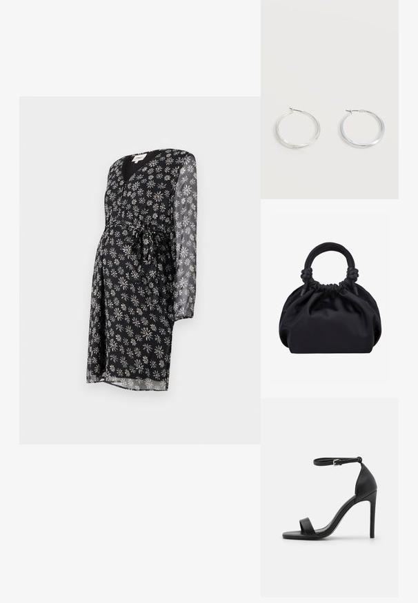 Zwangere jurk in zwarte stof met een witte en paarse madeliefjesprint. Voorzien van een v-halslijn, lange doorzichtige mouwen en een strikdetail in de taille.; Zwarte sandalen met hoge hakken, met een slank ontwerp, voorzien van een enkelbandje, open teen en een gladde leren textuur.; Zwarte zachte stoffen handtas met geplooide bovenkant en ronde gewatteerde handvatten, vastgeknoopt aan elke kant.; Zilverkleurige metalen creolen oorbellen met een glad, licht gebogen oppervlak en sluitingen met haaksluiting op een effen witte achtergrond.