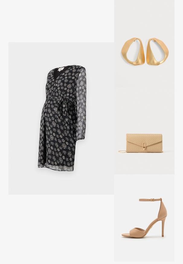 Zwangere jurk in zwarte stof met een witte en paarse madeliefjesprint. Voorzien van een v-halslijn, lange doorzichtige mouwen en een strikdetail in de taille.; ALDO CRERIDE PILLOW WALK - Sandalen - beige; Geweven beige clutch met een gladde textuur, voorzien van een goudkleurige sluiting en een afneembare kettingriem. Rechthoekige vorm.; Een paar onregelmatige, asymmetrische gouden oorringen met een gladde, matte afwerking op een neutrale achtergrond.