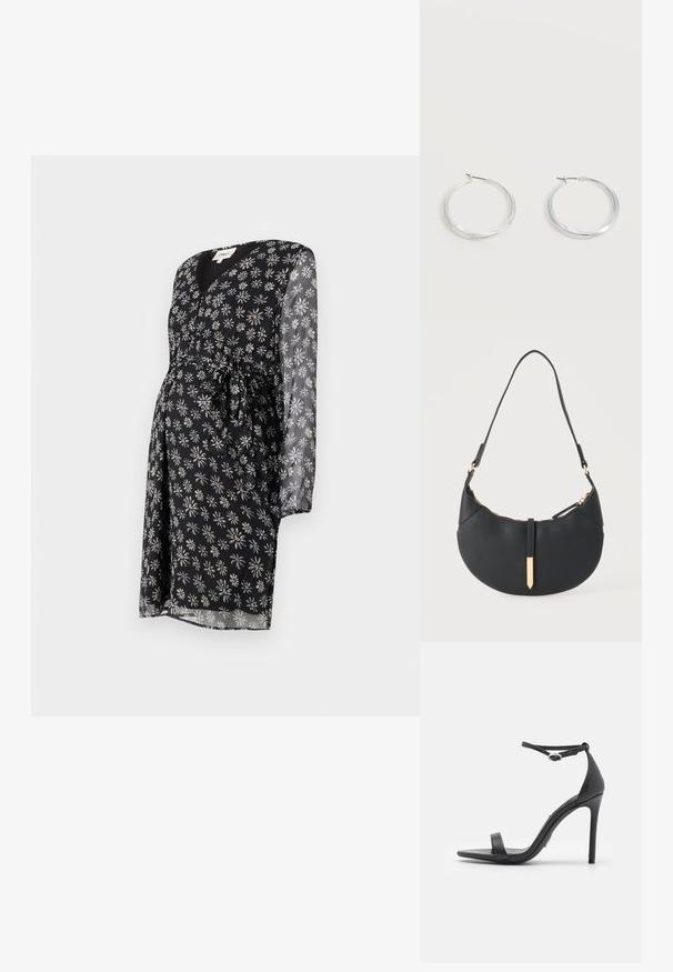 Vestido de maternidad en tela negra con estampado de margaritas blancas y moradas. Cuenta con un escote en v, mangas largas transparentes y un detalle de cintura atada.; Sandalias de tacón alto negras con punta abierta, tiras delgadas y hebilla en el tobillo. Textura de cuero suave con un diseño de punta afilada.; Bolso negro en forma de media luna con una sola correa, cremallera dorada y una lengüeta decorativa rectangular dorada en la parte delantera.; Pendientes de aro de metal plateado con superficie lisa y ligeramente curvada y cierre de tipo mosquetón sobre un fondo blanco liso.