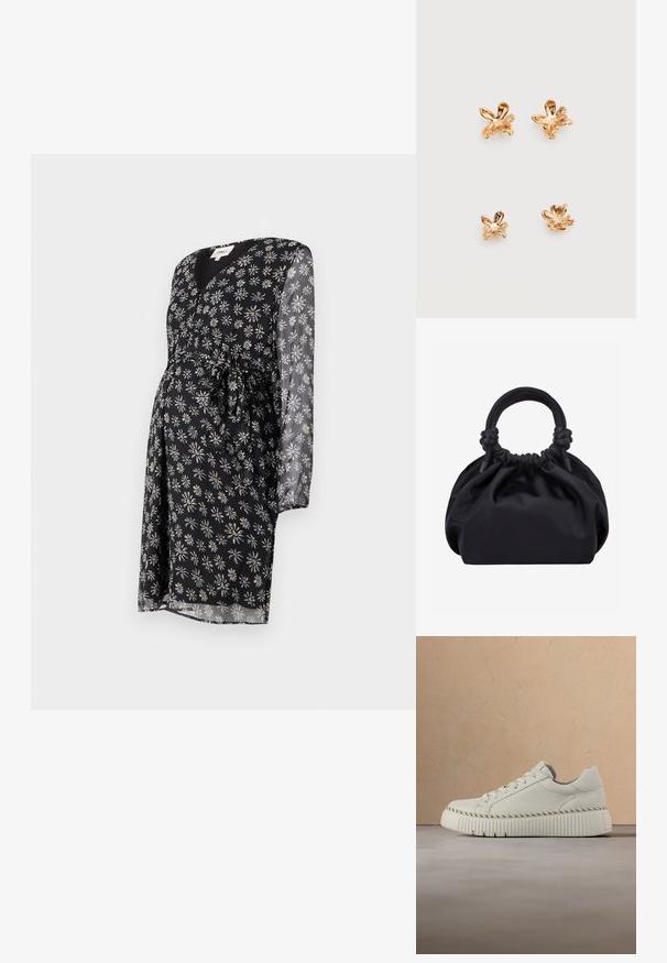 Zwangere jurk in zwarte stof met een witte en paarse madeliefjesprint. Voorzien van een v-halslijn, lange doorzichtige mouwen en een strikdetail in de taille.; Witte leren sneaker met een dikke, getextureerde zool en bijpassende veters. Voorzien van een decoratieve gestikte rand en een minimalistisch ontwerp.; Zwarte zachte stoffen handtas met geplooide bovenkant en afgeronde handvatten die aan de basis geknoopt zijn, tegen een effen lichte achtergrond.; Vier oorstekers in goudkleurige bloemvorm, gerangschikt in twee paar op een witte achtergrond.