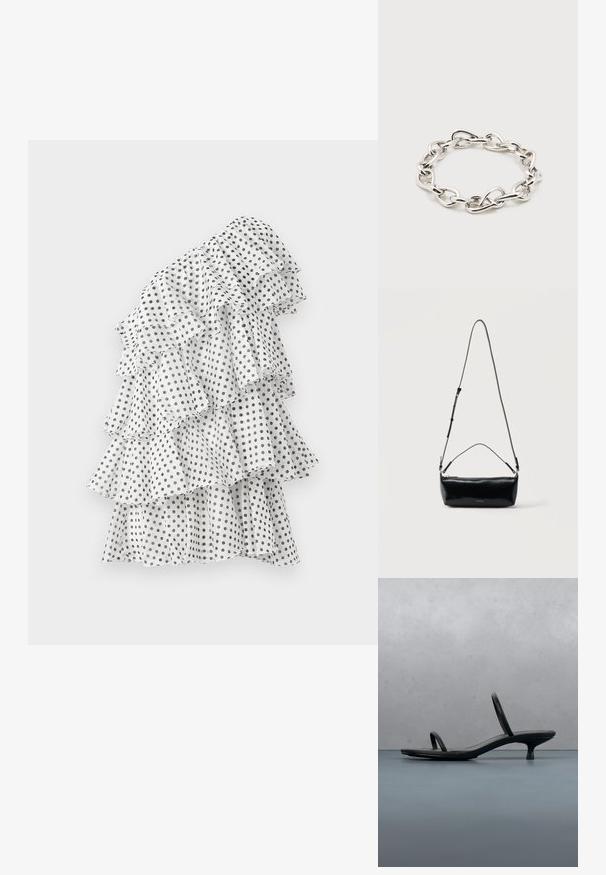 Hvid kjole med sorte prikker, der har flere voluminøse lag, asymmetrisk design og letvægtsstof.; Sort Calvin Klein sandal med hæl og tynde stropper, balancerende på træfliser udendørs nær en væg og grønne planter.; Sort rektangulær læder crossbody-taske med justerbar skulderrem, top lynlås og lille gyldent Calvin Klein-logo foran.; Sølvfarvet chunky kædearmbånd med uregelmæssige ovale led arrangeret i en cirkulær form på en ens hvid baggrund.