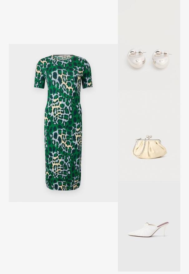 Robe verte à manches courtes avec un motif léopard dans des teintes de bleu, de beige et de noir. Le tissu semble lisse avec une coupe ajustée.; Mules blanches à bout pointu, texture plissée sur le dessus, et talon stiletto fin. Surface lisse et design minimaliste.; Pochette en cuir beige plissé avec un cadre en métal argenté, dotée de deux fermoirs ronds décoratifs et d'une chaîne en argent.; Paire de boucles d'oreilles argentées brillantes et épaisses avec fermoirs à tige, sur fond blanc uni.