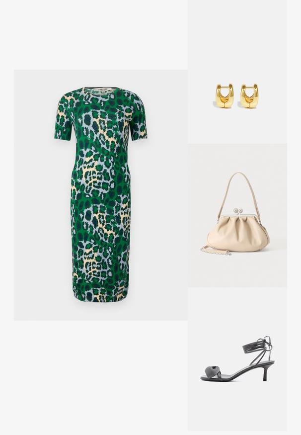Robe verte à manches courtes avec un motif léopard dans des teintes de bleu, de beige et de noir. Le tissu semble lisse avec une coupe ajustée.; Sandale à talon en cuir gris avec une bride nouée sur les orteils et des lacets enroulants autour de la cheville, sur un talon moyen et fin, sur fond blanc.; Sac à main en cuir souple beige avec un fermoir en métal argenté, une bandoulière simple et une bandoulière chaîne optionnelle sur fond blanc.; Boucles d'oreilles en or avec un design élégant et arrondi. Présentent un centre creux et une surface brillante, complétant les styles modernes.