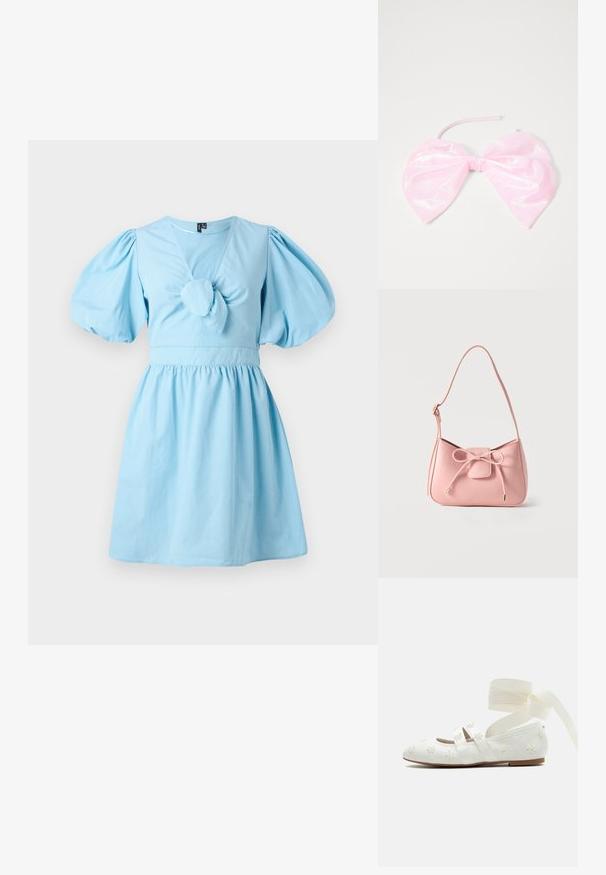 Vestido corto de color azul claro con mangas abullonadas y un detalle de nudo en el busto; fabricado en algodón suave con una silueta en A y falda fruncida.; Bailarina blanca con flores bordadas, doble tira sobre el pie y lazos largos de cinta en el tobillo sobre un fondo liso.; Bolso pequeño de hombro color rosa pastel con correa ajustable y detalle de lazo en el frente con extremos dorados sobre un fondo liso.; Accesorio para el cabello de color rosa y brillante con forma de gran lazo, con una textura suave y una delgada correa para asegurarlo en su lugar.