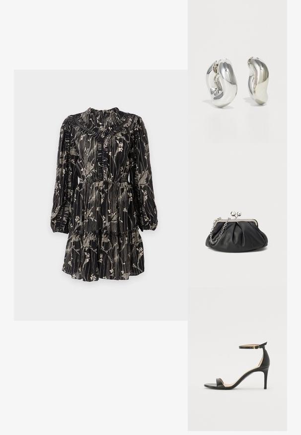 Musthave must-kleid mustjoonid must-kleit mustrian mustpuhas kleit mustsoon mustsort midus peak mustmustloom mustse rubberi mustmustkale mustuksele kinnermustsu mustada ja muster mustmustmaterialine slijadu leitli mustSedus musthall mustpluu ning tjalis om vaheline mustmustplaatto vahtuit mustja putmustol mustpruunmust on unikanne carriss mustmelle; Must musta kõrgete kontsadega sandaal, millel on pahkluule kinnituv rihm. Omab sileda tekstuuri, avatud varbaosa ning õhukest kontsa. Kuldtooniline pandla detail.; Musthave musta nahast käekott, millel on volditud tekstuur, hõbedane metallraam, lukustatud sulgemismehhanism ja kett. Sile ja pehme pind.; Hõbedased skulpturaalsed kõrvarõngad, millel on siledad, kaarekujulised vormid ja peegeldavad pinnad. Omavad suletud rõnga disaini ja eristuvat orgaanilist kuju.