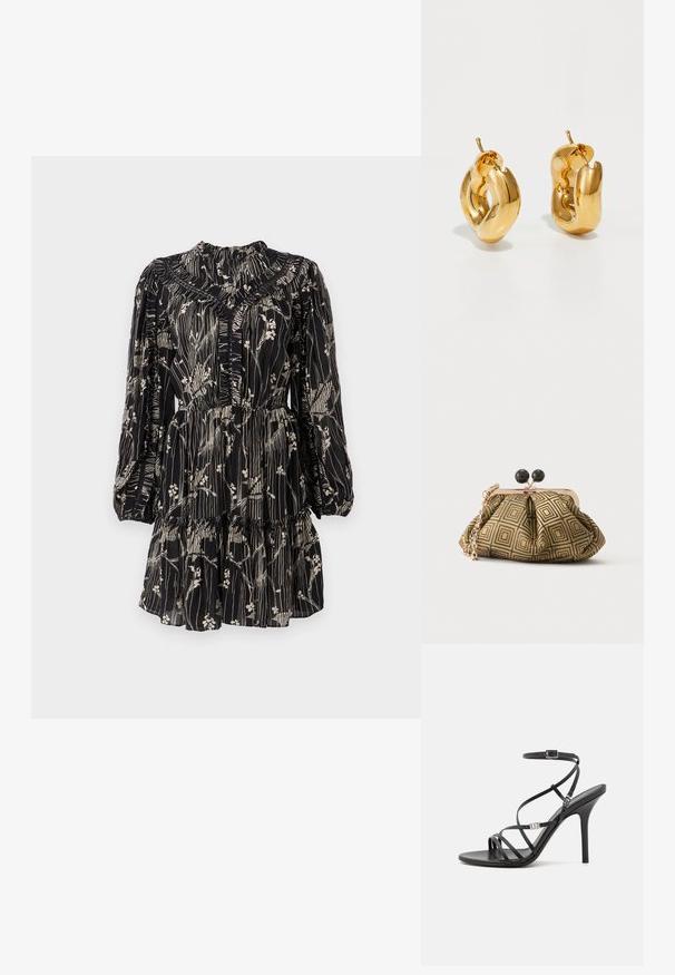 Vestido negro con estampado floral, diseño en capas, mangas largas abullonadas, escote fruncido y un ajuste relajado, confeccionado en una tela ligera.; Sándalo negro de tacón alto con tiras finas, hebilla en el tobillo, superficie de cuero suave y tacón de aguja esbelto.; Pequeño bolso de mano con patrón geométrico en dorado y negro, marco metálico dorado, cierre de bola negro y una corta correa de cadena dorada.; Pendientes de aro grueso en oro con un diseño tubular ligeramente retorcido y cierre de presión, sobre un fondo blanco.