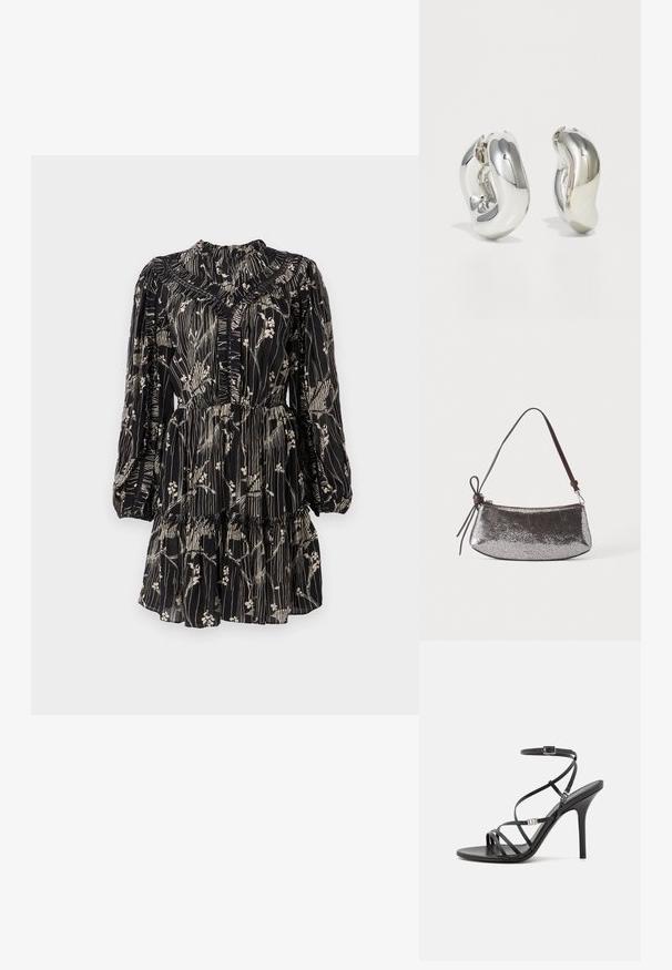 Vestido negro con estampado floral, diseño en capas, mangas largas abullonadas, escote fruncido y un ajuste relajado, confeccionado en una tela ligera.; Sándalo negro de tacón alto con tiras finas, hebilla en el tobillo, superficie de cuero suave y tacón de aguja esbelto.; Pequeño bolso metálico plateado con superficie texturizada, correa corta marrón oscuro y lazo decorativo anudado en un lado.; Pendientes escultóricos de plata con formas suaves y curvas y superficies reflectantes. Presentan un diseño de aro cerrado y una forma orgánica distintiva.