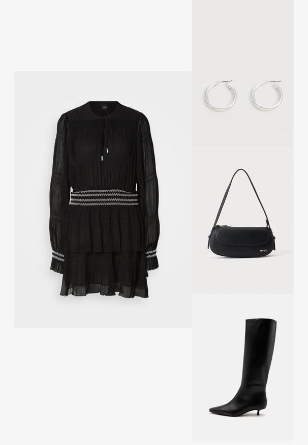 Schwarz gefaltetes Kleid mit rundem Kragen, langen Ärmeln und Kordelzug. Hat einen gestuften Saum und einen weiß mit Zickzack-Stich genähten Taillenbund.; Schwarzer kniehoher Lederstiefel mit spitz zulaufender Schuhspitze und niedrigem Kittenabsatz vor einem schlichten hellen Hintergrund.; Schwarze Lederschultertasche mit geschwungener Klappe, goldenem "HUGO" Logo auf der Vorderseite und einem verstellbaren Riemen.; Paar mittelgroße glänzende silberne Hoop-Ohrringe mit dünnen Metallverschlüssen auf hellem neutralem Hintergrund.