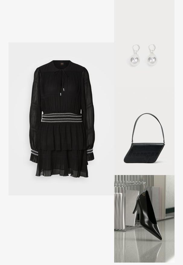 Schwarz gefaltetes Kleid mit rundem Kragen, langen Ärmeln und Kordelzug. Hat einen gestuften Saum und einen weiß mit Zickzack-Stich genähten Taillenbund.; Schwarzer High-Heel-Schuh mit spitzer Zehe und goldem Logo, auf einer reflektierenden Oberfläche nahe einem verchromten Draht-Organizer mit Dokumenten positioniert.; Schwarze Leder-Umhängetasche mit dreieckiger Form, geprägt mit Logo und einem einzigen verstellbaren Riemen. Minimalistisches Design mit glatter Textur.; Silberne Tropfenohrringe mit glatten, runden, reflektierenden Oberflächen, die an Hakenverschlüssen hängen. Der Hintergrund ist reinweiß.