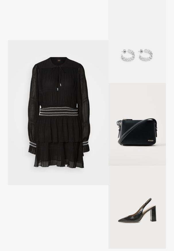 Schwarz gefaltetes Kleid mit rundem Kragen, langen Ärmeln und Kordelzug. Hat einen gestuften Saum und einen weiß mit Zickzack-Stich genähten Taillenbund.; Schwarzer Leder-Slingback-Schuh mit spitzer Kappe, hohem Blockabsatz und beigegefüttertem Innenraum vor hellem, einfarbigem Hintergrund.; Schwarze rechteckige Leder-Crossbody-Tasche mit verstellbarem Riemen und goldenem "HUGO"-Logo an der vorderen Ecke vor schlichtem Hintergrund.; Silberne Creolen mit einem geometrischen Design aus ineinandergreifenden rechteckigen Gliedern, polierter Oberfläche und Steckverschluss.