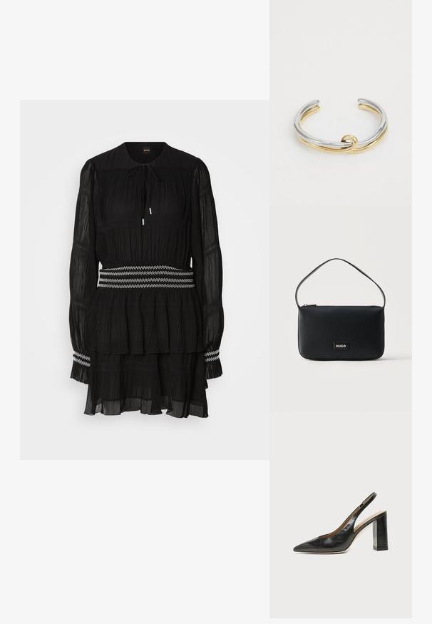Schwarz gefaltetes Kleid mit rundem Kragen, langen Ärmeln und Kordelzug. Hat einen gestuften Saum und einen weiß mit Zickzack-Stich genähten Taillenbund.; Schwarzer Leder-Slingback-Schuh mit spitzer Kappe, hohem Blockabsatz und beigegefüttertem Innenraum vor hellem, einfarbigem Hintergrund.; Schwarze rechteckige Schultertasche aus Leder mit einem kleinen goldenen "HUGO"-Logo-Patch und einem einzelnen dünnen Riemen.; Metallarmband mit ineinander verschlungenen Silber- und Goldbändern sowie einer glatten, polierten Oberfläche. Auffälliges Knotendetail in der Mitte.