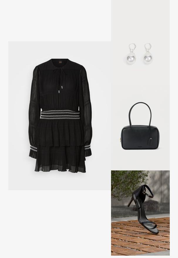 Vestido negro plisado con cuello redondo, mangas largas y cordón. Presenta un dobladillo en capas y una cinturilla con costura de zigzag blanca.; Sandalia negra de tacón alto con correa en el tobillo, parece suspendida sobre un suelo de baldosas de madera al aire libre, con un fondo difuminado de vegetación y piedra.; Bolso rectangular negro con asas dobles redondeadas, cremallera dorada y logo "HUGO" en relieve en el frente con etiqueta de cuero adjunta.; Pendientes de plata en forma de gota con superficies redondas y reflectantes colgando de cierres de palanca. El fondo es blanco liso.