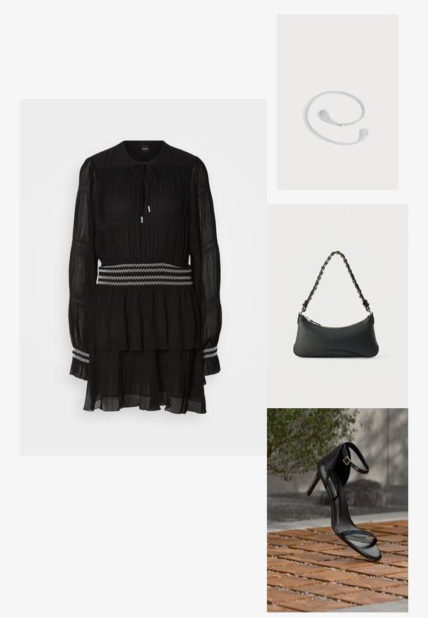 Schwarz gefaltetes Kleid mit rundem Kragen, langen Ärmeln und Kordelzug. Hat einen gestuften Saum und einen weiß mit Zickzack-Stich genähten Taillenbund.; Schwarze Sandalette mit hohem Absatz und Knöchelriemen schwebt über einem Holzboden im Freien vor verschwommenem Grün und Steinhintergrund.; Schwarze Lederschultertasche mit gewölbter rechteckiger Form, goldener Kette, die in den geflochtenen schwarzen Riemen eingewebt ist, und Reißverschlussverschluss oben.; Flexibles silberglitzerndes Stirnband mit tropfenförmigen Enden, dargestellt auf einem hellgrauen Hintergrund.