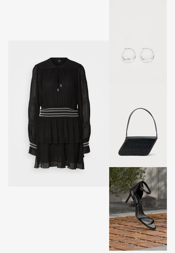 Robe noire plissée avec un col rond, des manches longues et un cordon de serrage. Présente un ourlet à volants et une taille à zigzag - couture blanche.; Sandale noire à talon haut avec sangle à la cheville, suspendue au-dessus d'un sol en carreaux de bois à l'extérieur, avec un arrière-plan flou de verdure et de pierre.; Sac d'épaule en cuir noir de forme triangulaire, avec un logo embossé et une seule bandoulière réglable. Design minimaliste avec une texture lisse.; Boucles d'oreilles en argent avec une finition polie et un branding DKNY, présentées sur un fond blanc uni.