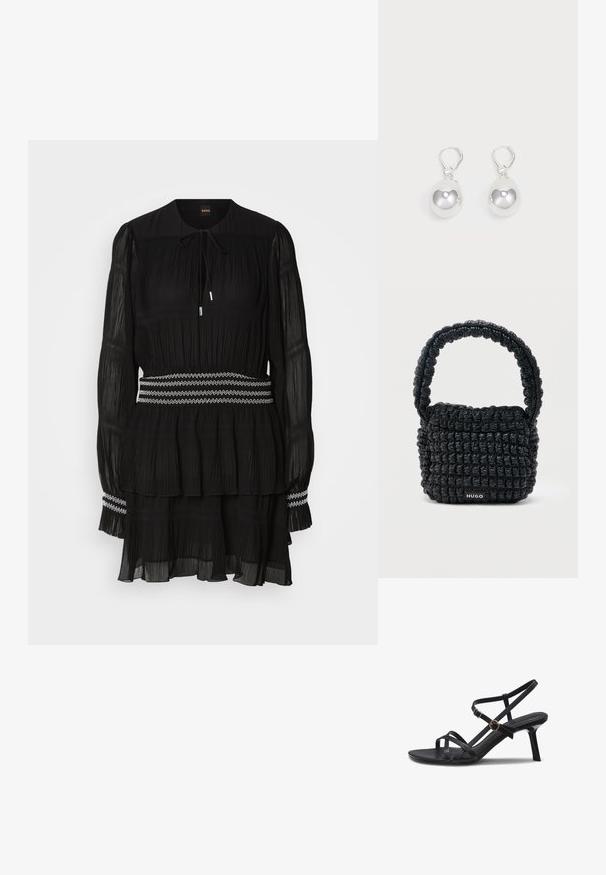 Schwarz gefaltetes Kleid mit rundem Kragen, langen Ärmeln und Kordelzug. Hat einen gestuften Saum und einen weiß mit Zickzack-Stich genähten Taillenbund.; Schwarze Riemchensandale aus Leder mit zwei goldenen Schnallen und einem mittelhohen Stiletto-Absatz vor weißem Hintergrund.; Kleine schwarze gesteppte Handtasche mit kurzem, gepolstertem Henkel und "HUGO"-Label auf der Vorderseite, vor einem schlichten hellen Hintergrund präsentiert.; Silberne Tropfenohrringe mit glatten, runden, reflektierenden Oberflächen, die an Hakenverschlüssen hängen. Der Hintergrund ist reinweiß.