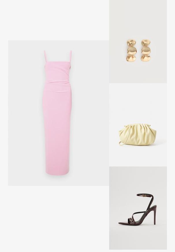 Roze, getailleerde maxi-jurk met spaghettibandjes, met een geplooid ontwerp in de taille. Glad materiaal, minimalistische stijl, geen zichtbare patronen.; Bordeaux gepatineerde leren hoge hakken sandaal met een enkelbandje, puntige neus en drie horizontale banden over de voet. Details met gouden gesp.; Geel geplooide handtas van soepel nepleer, met een zachte vorm, een enkele schouderriem en een verzameld ontwerp aan de bovenkant.; Oorbellen in goudkleur met drie onregelmatige, gladde, afgeronde segmenten die verticaal opgestapeld zijn op een egale lichte achtergrond.
