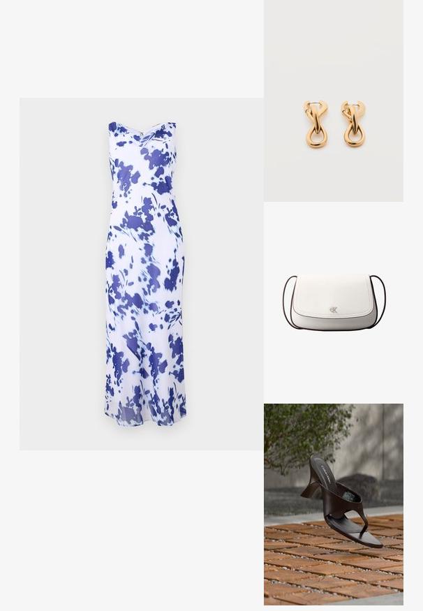Robe longue sans manches avec une base blanche et un motif floral abstrait bleu foncé, présentant un col drapé et une silhouette ajustée.; Sandale à talon marron Calvin Klein suspendue au-dessus d'un sol extérieur en dalles de bois et gravier avec un arrière-plan flou de verdure et de pierres.; Sac bandoulière blanc avec fermeture à rabat, petit logo "cK" argenté centré, et fine sangle réglable marron foncé.; Paire de boucles d'oreilles créoles en bouclettes dorées brillantes sur fond blanc uni, présentant un design torsadé entrelacé.