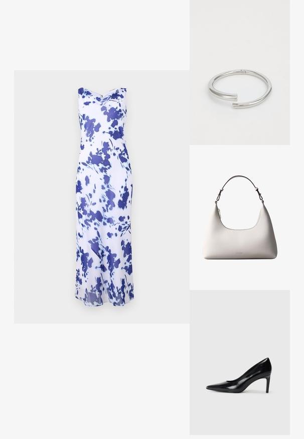 Robe longue sans manches avec une base blanche et un motif floral abstrait bleu foncé, présentant un col drapé et une silhouette ajustée.; Chaussure à talon haut en cuir noir avec un bout pointu, texture lisse et un talon effilé. Design minimaliste, sans embellissements supplémentaires.; Sac à bandoulière en cuir couleur crème de Calvin Klein avec bord supérieur incurvé, fermeture éclair argentée et sangle ajustable brun foncé.; Calvin Klein SPIRAL - Bracelet - silver-coloured