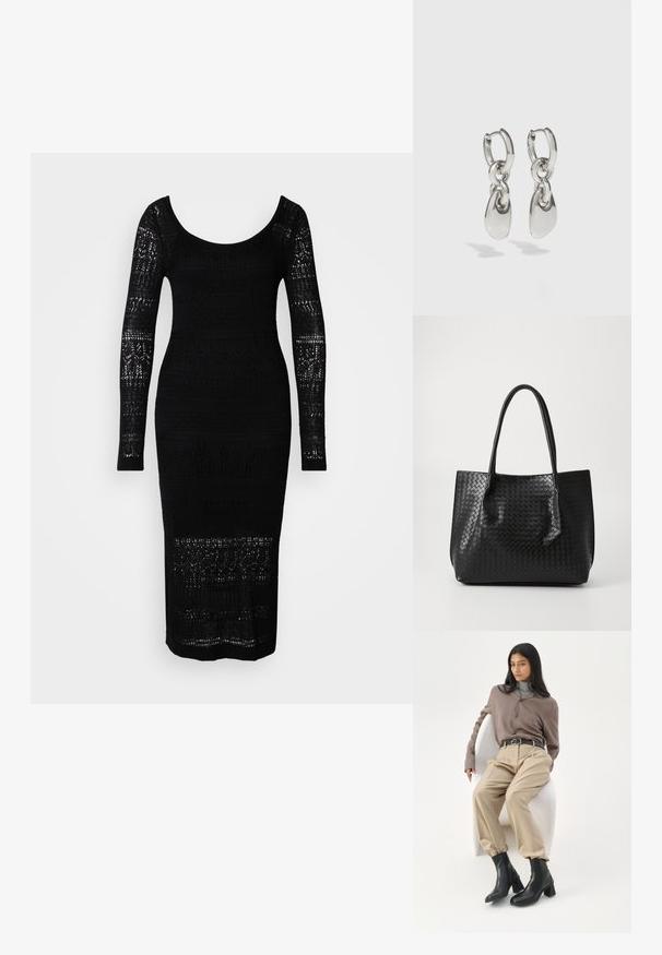 Robe en tricot noir à manches longues, décolleté arrondi, silhouette ajustée et motifs ajourés le long du corsage et des manches.; Femme aux longs cheveux noirs appuyée sur une chaise blanche courbée, portant un chemisier taupe, un pantalon beige, une ceinture noire et des bottines noires à talons.; Sac de tote en cuir tressé noir avec deux poignées, forme structurée et finition légèrement brillante sur un fond clair.; Boucles d'oreilles en argent avec des maillons ovales allongés, présentant une finition polie et un pendentif tombant texturé. Design simple avec des bords lisses.
