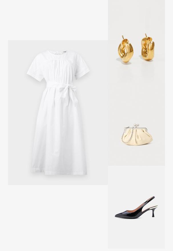 Robe midi blanche à manches courtes avec taille froncée, encolure ronde et nœud ceinture à la taille, présentée sur un fond uni.; Escarpin slingback en cuir verni noir avec bout pointu et talon de hauteur moyenne, doté d'un accent métallique près du talon.; Pochette en cuir beige plissé avec un cadre en métal argenté, dotée de deux fermoirs ronds décoratifs et d'une chaîne en argent.; Boucles d'oreilles créoles en or massif avec un design tubulaire légèrement tordu et des fermoirs à tige sur un fond blanc.