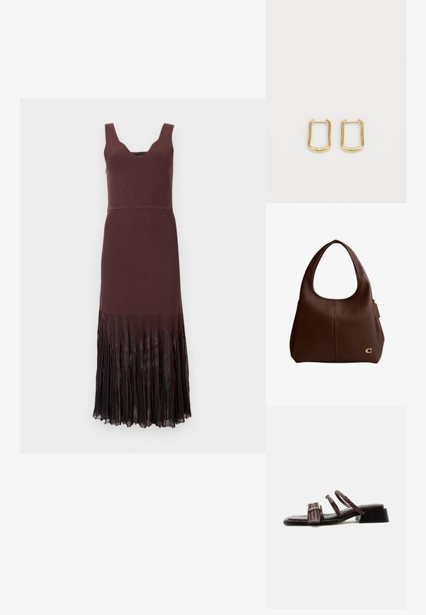 Robe sans manches en maille marron foncé avec un col en V et un ourlet en chiffon plissé s’étendant du milieu de la cuisse jusqu’à la cheville.; Sandale en cuir marron avec bride avant tissée, deux fines brides de cheville avec boucle, talon bloc bas et bout carré.; Sac à bandoulière en cuir marron foncé avec poignée supérieure, couture subtile à l'avant, logo doré "C" près du coin inférieur droit et détail de fermeture éclair latérale.; Boucles d'oreilles en or en forme rectangulaire irrégulière, avec une texture lisse et un éclat subtil. Design simple sans embellissements.