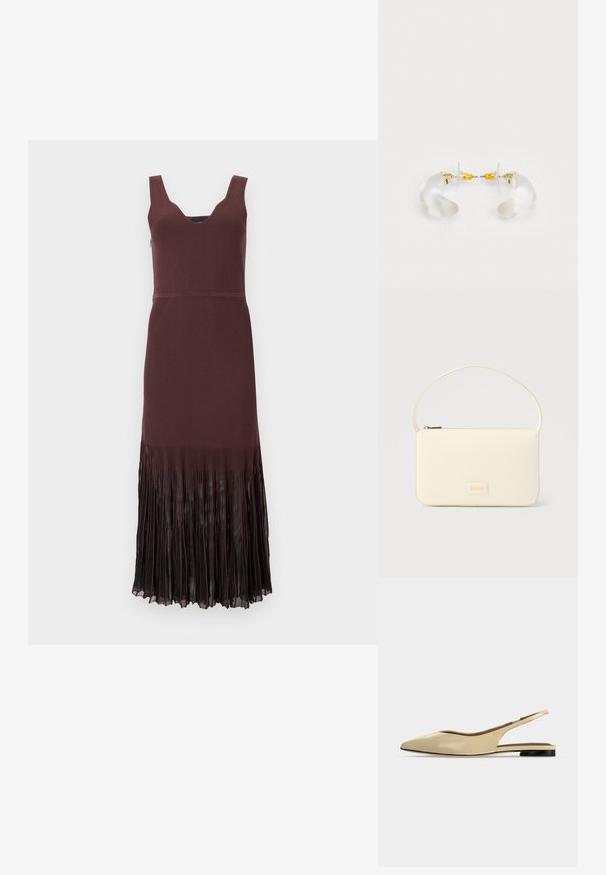 Robe sans manches en maille marron foncé avec un col en V et un ourlet en chiffon plissé s’étendant du milieu de la cuisse jusqu’à la cheville.; Chaussure plate beige à bout pointu avec bride arrière, petit talon noir et finition en cuir lisse, vue de côté sur un fond uni.; Sac à main rectangulaire de couleur crème avec une seule sangle et une fermeture éclair sur le dessus, comportant une petite plaque de logo embossé à l'avant.; Boucles d'oreilles en acrylique transparent avec accents dorés, présentant un design incurvé et un fermoir transparent. Texture lisse, style minimaliste.