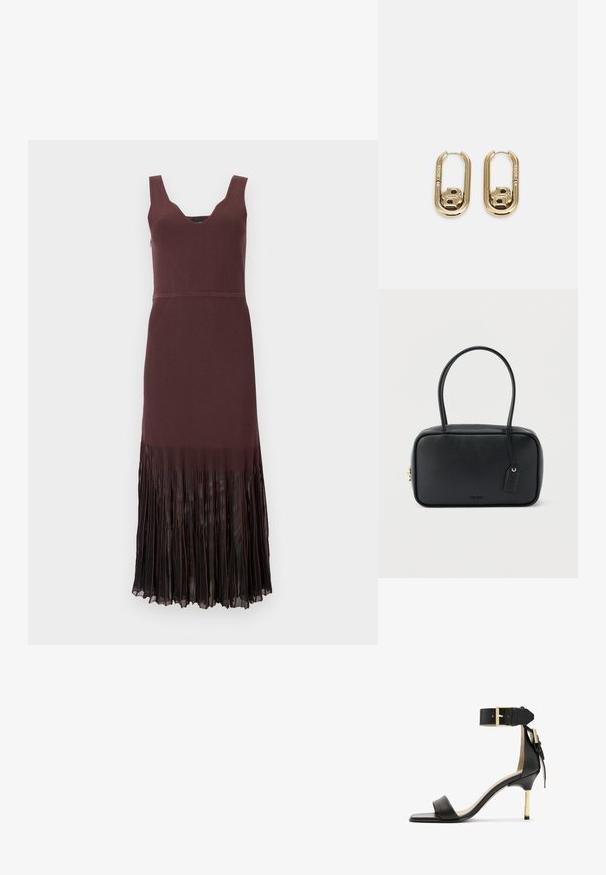 Robe sans manches en maille marron foncé avec un col en V et un ourlet en chiffon plissé s’étendant du milieu de la cuisse jusqu’à la cheville.; Sandale à talon en cuir noir avec un bout carré, une bride de cheville dotée d'une boucle en or et un talon métallique fin. Texture lisse, design minimaliste.; Sac à main rectangulaire noir avec doubles poignées arrondies, fermeture éclair dorée et logo "HUGO" embossé sur le devant avec une étiquette en cuir attachée.; BOSS DOUBLE B SWING - Boucles d'oreilles - gold-coloured