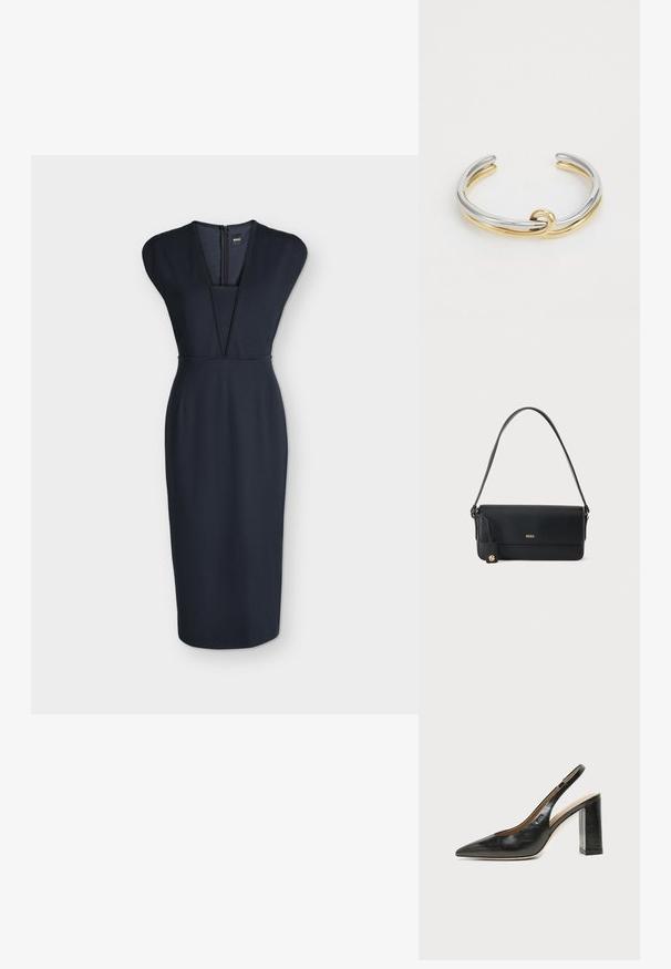 Robe midi noire sans manches avec un profond décolleté en V, épaules structurées et fermeture éclair au dos sur un fond gris clair uni.; Chaussure slingback en cuir noir à bout pointu avec un talon bloc haut et une doublure intérieure beige sur un fond clair uni.; Sac à épaule en cuir noir avec logo doré "BOSS" sur le devant et un petit emblème doré suspendu à la sangle latérale.; Bracelet en métal avec des bandes entrelacées en argent et en or, finition lisse et polie. Détail de nœud notable au centre.