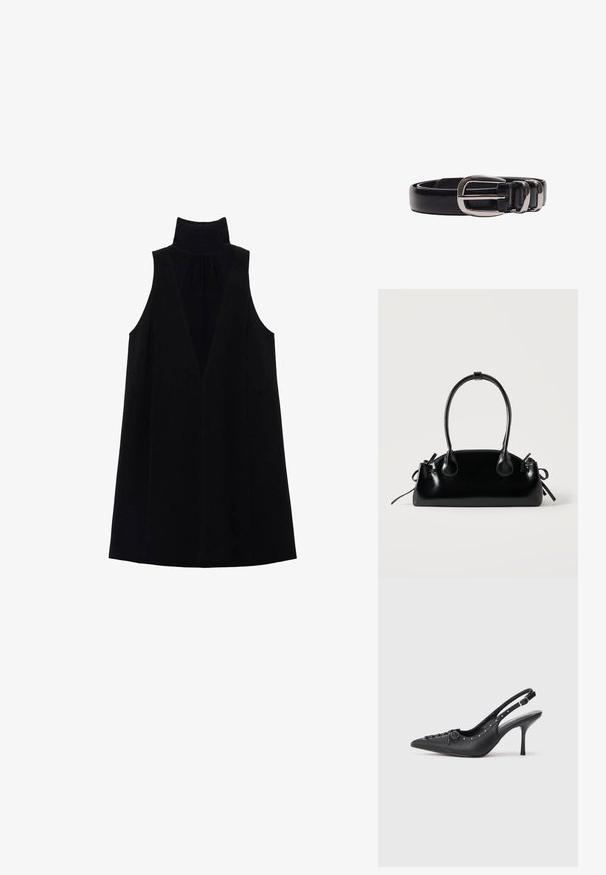 Sort ærmeløs kjole med høj falsk krave og dyb V-udskæring, med løs og A-formet silhuet.; Sorte læder slingback stiletto med spids tå, side spændebånd, nitter langs kanten og dekorativ snøring foran.; Lille sort blank håndtaske med to lange håndtag og snøre-detaljer i siden på en ensfarvet lys baggrund.; Sort læderbælte snoet med en skinnende sølvfarvet rektangulær spænde og to bæltestropper på hvid baggrund.