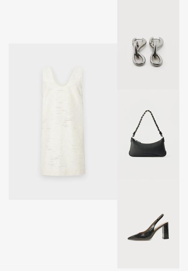 Robe blanche sans manches avec un décolleté en U, présentant une surface texturée avec des motifs subtils et irréguliers. Matière lisse, longueur au genou.; Chaussure slingback en cuir noir à bout pointu avec un talon bloc haut et une doublure intérieure beige sur un fond clair uni.; Sac à bandoulière en cuir noir de forme rectangulaire incurvée, avec une chaîne dorée tissée dans la bandoulière noire tressée et une fermeture éclair sur le dessus.; Paire de boucles d'oreilles en métal argenté avec un motif abstrait d'anneaux entrelacés sur fond blanc.