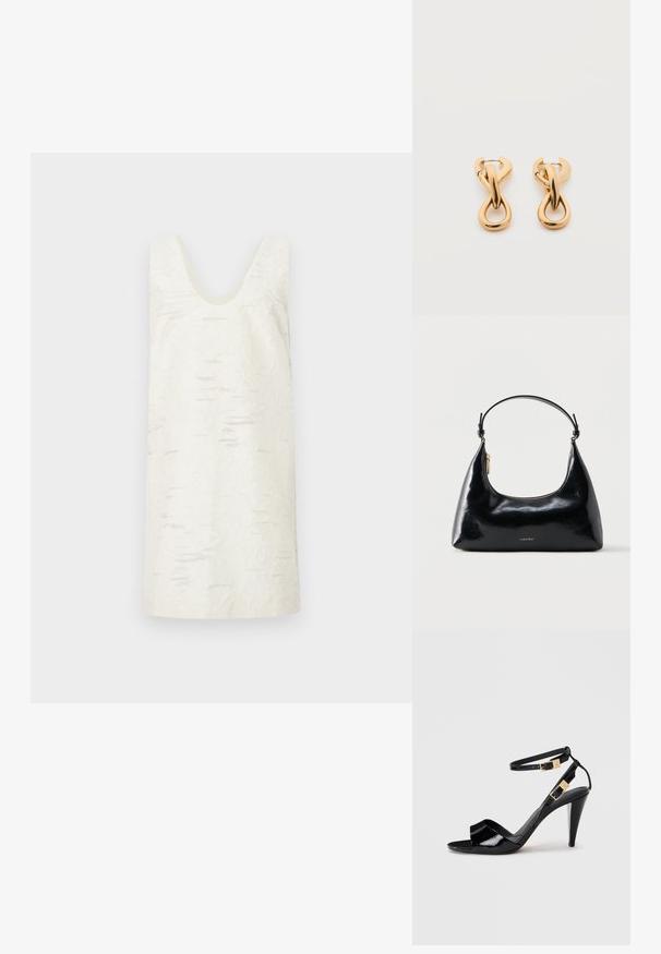 Robe blanche sans manches avec un décolleté en U, présentant une surface texturée avec des motifs subtils et irréguliers. Matière lisse, longueur au genou.; Sandale à talon haut en cuir verni noir avec double bride de cheville et boucles dorées, bout ouvert, et talon effilé sur fond neutre.; Sac à main Calvin Klein noir brillant avec fermeture éclair dorée et anse courte sur fond blanc uni.; Paire de boucles d'oreilles créoles en bouclettes dorées brillantes sur fond blanc uni, présentant un design torsadé entrelacé.