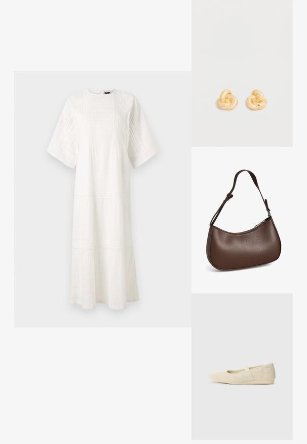 Hvid bomulds kjole med rund halsudskæring, korte ærmer, teksturerede mønstre og et lagdelt design med blondekant ved kanten.; Lysebrune ballet flats med en glat læderoverflade, mandelformet tå og elastisk rem over vristen, med diskrete syninger.; Lille brun skuldertaske i læder med justerbar rem og lynlåslukning, vist mod hvid baggrund. Ingen synligt branding eller dekorationer.; Par af skinnende ørestikker i guldfarvet knudeform på en ensfarvet hvid baggrund.