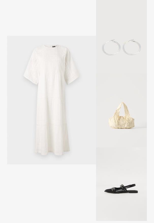 Hvid bomulds kjole med rund halsudskæring, korte ærmer, teksturerede mønstre og et lagdelt design med blondekant ved kanten.; Even&Odd by Zalando Slingback-ballerinasko - black; Håndtaske i cremefarvet tekstureret stof med top-håndtag og en lille bundet sløjfe-detalje midt foran.; Par skinnende sølvøreringe med tynde trådlåse, vist på en lys grå baggrund.