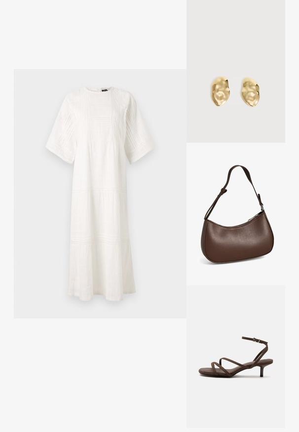 Vestido de algodón blanco con escote redondo, mangas cortas, patrones texturizados y un diseño en capas con encaje en el dobladillo.; Sandalia marrón de tacón alto con tiras finas cruzadas y una correa en el tobillo con una hebilla plateada sobre un fondo blanco.; Pequeño bolso bandolera de cuero marrón con correa ajustable y cierre de cremallera, mostrado sobre un fondo blanco. Sin logotipos ni adornos visibles.; Par de pendientes de metal dorado brillante, con forma irregular y superficie arrugada y lisa sobre un fondo claro y sencillo.
