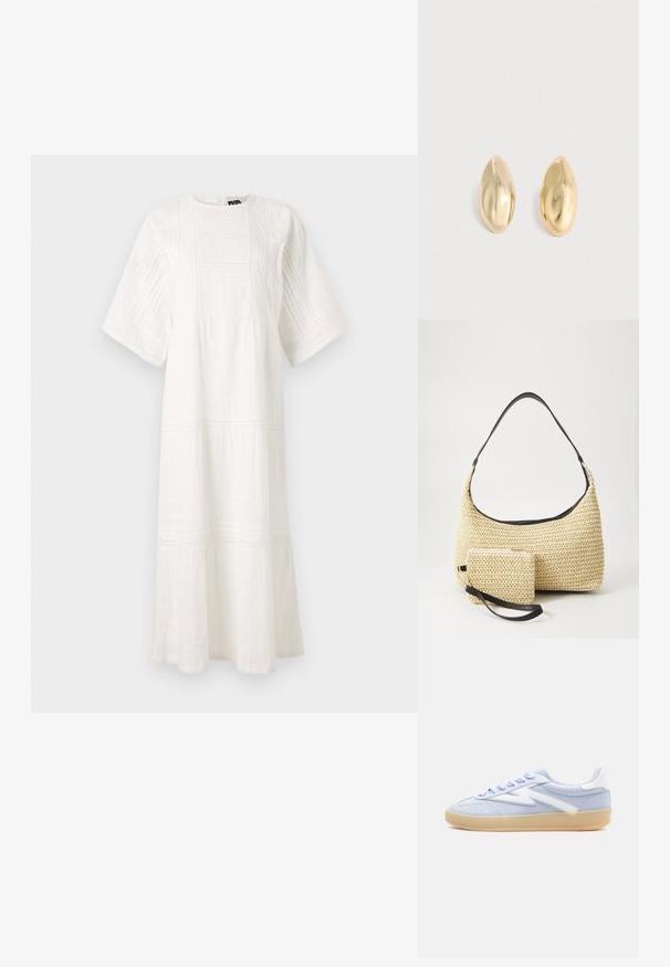 Vestido de algodón blanco con escote redondo, mangas cortas, patrones texturizados y un diseño en capas con encaje en el dobladillo.; Zapatilla de ante azul claro con detalles de cuero blanco, cordones azul claro y suela de goma.; Bolso de paja tejido con una silueta curva, que cuenta con una suave correa de cuero negro y un pequeño estuche a juego, sujeto por una correa de muñeca.; Un par de pendientes de oro en forma ovalada, irregulares, brillantes y suaves, colocados sobre una superficie clara.