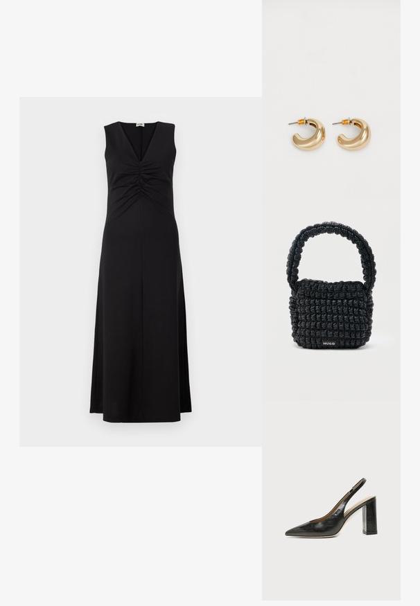 Vestido negro sin mangas con escote en V, detalle fruncido en el busto y una silueta fluida que se extiende hasta los tobillos. Textura de tela suave.; Zapato slingback negro de cuero con punta afilada, tacón cuadrado y un pequeño logo en el lateral, sobre un fondo blanco liso.; Bolso pequeño negro acolchado con asa corta acolchada y etiqueta "HUGO" en el frente, exhibido sobre un fondo claro y liso.; Dos pendientes de aro dorados brillantes en un diseño curvado, con acentos naranjas cerca del poste, sobre un fondo blanco liso.