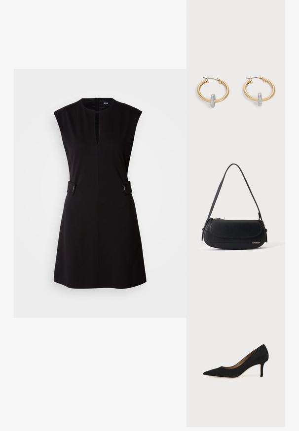 Robe noire sans manches avec un col rond, fente à l'avant et accents latéraux. Fabriquée en tissu lisse avec un design ajusté et une longueur au genou.; Escarpin en daim noir à bout pointu avec un talon stiletto fin de hauteur moyenne et un design à coupe basse sur un fond uni.; Sac à épaule en cuir noir avec rabat incurvé, logo doré "HUGO" sur le devant, et une bandoulière réglable.; Paire de boucles d'oreilles créoles dorées avec un petit détail boucle ton argent sur chaque, exposées sur fond gris clair.
