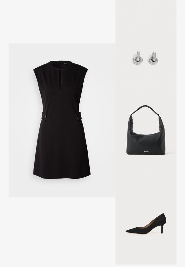 Vestido negro sin mangas con cuello redondo, abertura frontal y detalles laterales. Fabricado con una tela suave, tiene un diseño ajustado y un dobladillo a la altura de la rodilla.; Salón de ante negro con punta puntiaguda, tacón de aguja delgado de altura media y diseño de corte bajo sobre un fondo liso.; Bolso de hombro de cuero negro con asa trenzada, detalle de cremallera dorada y pequeño logo "HUGO" dorado en el centro frontal.; Par de pequeños pendientes de aro plateados brillantes con base redonda, exhibidos sobre un fondo claro y liso.