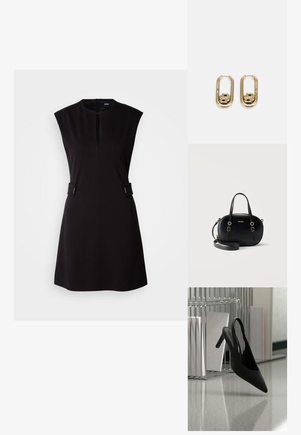 Schwarzes ärmelloses Kleid mit rundem Ausschnitt, vorderem Schlitz und seitlichen Akzenten. Aus glattem Stoff gefertigt, mit taillierter Passform und knielangem Saum.; Schwarzer, spitz zulaufender Slingback-Pumps mit hohem Absatz, schwebt in der Luft über einem glänzenden Boden, im Hintergrund gestapelte Ordner.; Schwarze, oval geformte Handtasche mit doppelten Griffen, abnehmbarem Schulterriemen, goldfarbenen Schnallen und "HUGO"-Logo auf der Vorderseite.; BOSS DOUBLE B SWING - Ohrringe - gold-coloured