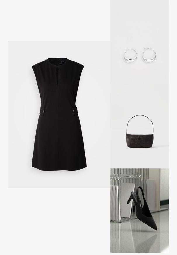 Vestido negro sin mangas con cuello redondo, abertura frontal y detalles laterales. Fabricado con una tela suave, tiene un diseño ajustado y un dobladillo a la altura de la rodilla.; Zapato de tacón alto negro con punta afilada y tira en el talón, suspendido en el aire sobre un suelo brillante con carpetas apiladas en el fondo.; Bolso tejido negro con textura, con una sola correa para el hombro y pequeño logo dorado "BOSS" en el centro delantero.; Pendientes de aro de plata con un acabado pulido y la marca DKNY, exhibidos sobre un fondo blanco liso.