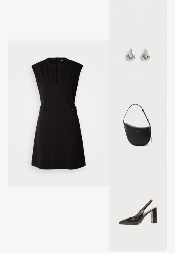 Sort, ærmeløs kjole med rund halsudskæring, for-udspringsslid og sideafsnit. Lavet af glat stof med et tætsiddende design og knælangt fald.; Sort læder peep-toe slingback sko med høj blokhæl og beige indvendig foring mod en ensfarvet lys baggrund.; Sort halv-måne skuldertaske i læder med justerbar rem og guld "BOSS"-logo centreret foran.; Par små, skinnende sølv hoops med rund base, vist på en ensfarvet lys baggrund.
