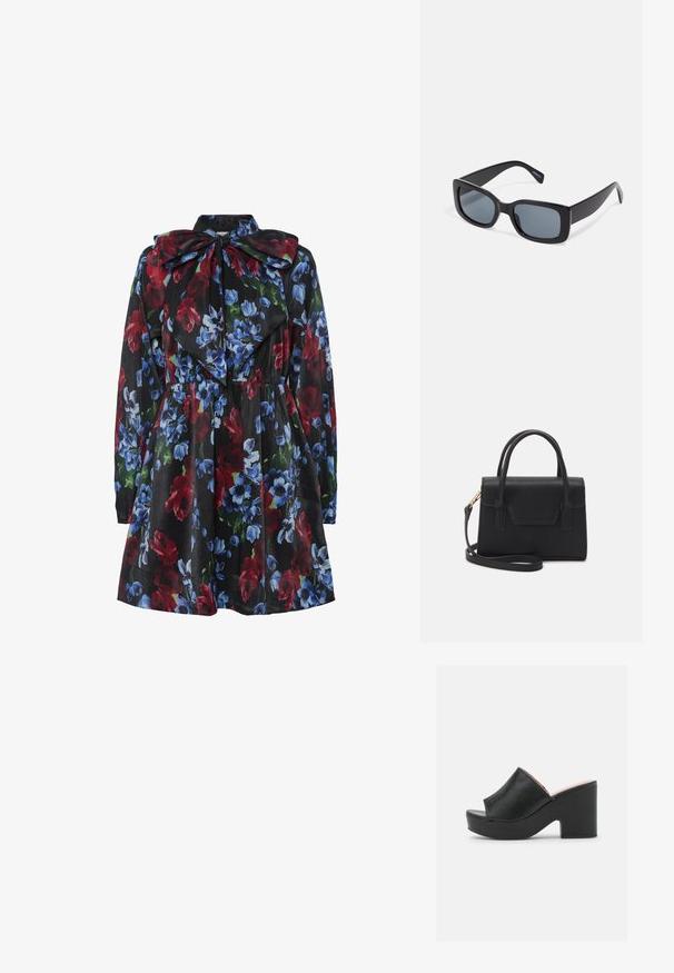 Vestido floral con fondo negro, que presenta flores rojas, azules y verdes. Mangas largas y un gran detalle de cuello con lazo.; Las mulas de cuero negro con punta abierta cuentan con una amplia tira frontal y un chunky tacón alto con una textura suave. Se muestra la vista lateral.; Gafas de sol rectangulares negras con lentes oscuros, montura de plástico grueso y patillas anchas. Superficie lisa y diseño anguloso.; Bolso estructurado negro de cuero con un asa superior, correa de hombro desmontable y un detalle de tapa en la parte frontal. Acentos en dorado.