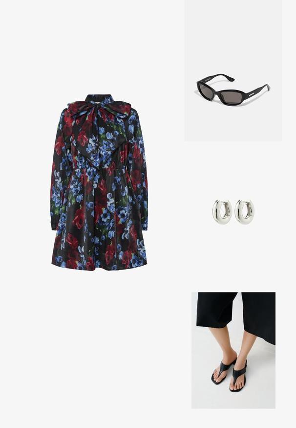 Blumenkleid mit schwarzem Hintergrund, verziert mit roten, blauen und grünen Blumen. Lange Ärmel und ein großer Schleifenkragen.; Füße, die schwarze Sandalen mit quadratischer Spitze und breiten Riemen tragen, kombiniert mit kurzen schwarzen Hosen auf einem hellen Boden.; Schwarze Sonnenbrille mit rechteckigem Rahmen, dunklen Gläsern, glattem Kunststoffmaterial und einem metallischen Akzent am Bügel.; Silberne Creolen mit einem glatten, runden Design und glänzender Oberfläche. Verfügt über einen einfachen Scharnierverschluss für ein leichtes Tragen.