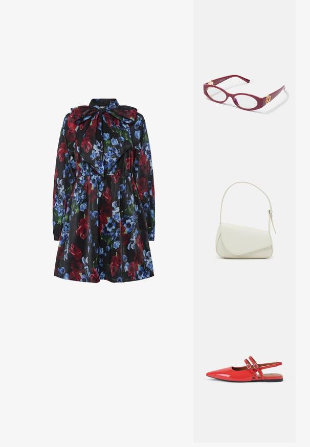 Vestido floral con fondo negro, que presenta flores rojas, azules y verdes. Mangas largas y un gran detalle de cuello con lazo.; Zapatos planos de charol rojo con talón abierto y puntera puntiaguda, con dos finas correas cruzadas y un diseño minimalista. Suela plana negra.; Gafas de pasta ovaladas rojas con lentes transparentes. Presentan detalles en dorado en las patillas y un diseño moderno y elegante.; Bolso de mano de imitación cuero blanco con una forma triangular estructurada, correa ajustable única y cierre con solapa acentuada en curva.