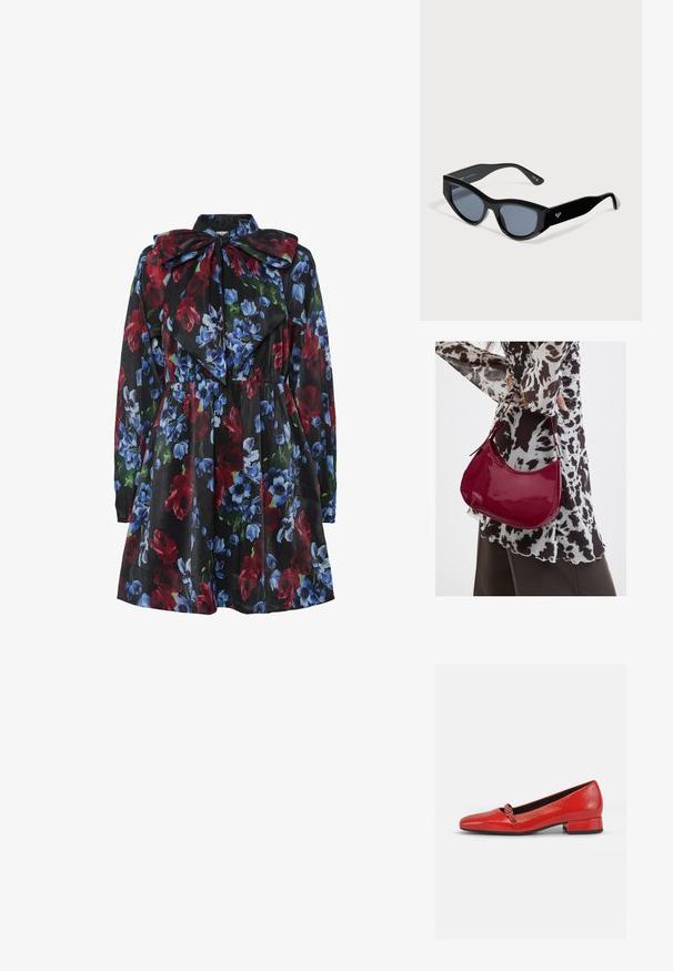 Vestido floral con fondo negro, que presenta flores rojas, azules y verdes. Mangas largas y un gran detalle de cuello con lazo.; Zapato plano de charol rojo con punta cuadrada, pequeño tacón bloque y correa decorativa con un acento metálico. Acabado suave y diseño moderno.; Gafas de sol negras con forma de ojo de gato, lentes oscuras y patillas gruesas, con un pequeño logo blanco en un lado.; Mujer con blusa de estampado en blanco y negro sosteniendo un bolso de hombro rojo brillante sobre un fondo liso.